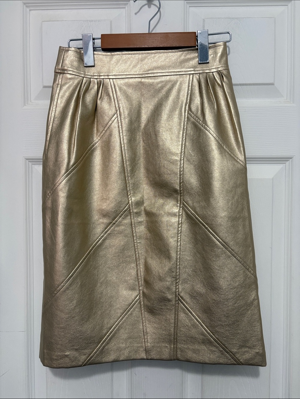 FRNCH Eleonore Metallic Gold Faux Leather Pencil Skirt